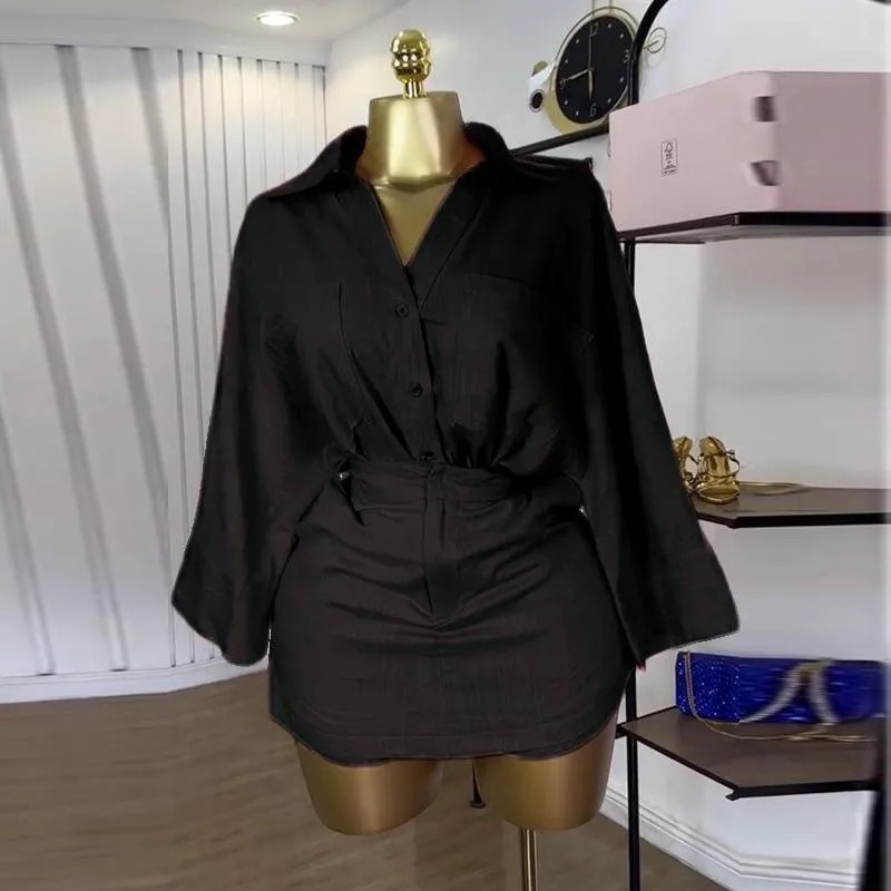 Spot 2025 Summer Cross border European and American Women's Wear Collar Bat Long Sleeve Shirt High Waist Shorts Skirt Two Piece Set Spot 2025 Summer Cross border European and American Women's Wear Collar Bat Long Sleeve Shirt High Waist Shorts Skirt Two Piece Set