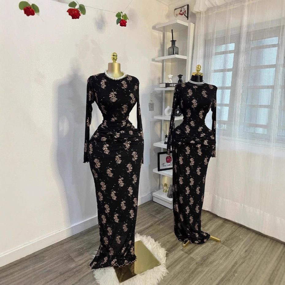 Spot 2025 cross-border European and American women's printed long sleeved dress with elegant temperament, black long skirt with pleats, slimming dress Spot 2025 cross-border European and American women's printed long sleeved dress with elegant temperament, black long skirt with pleats, slimming dress