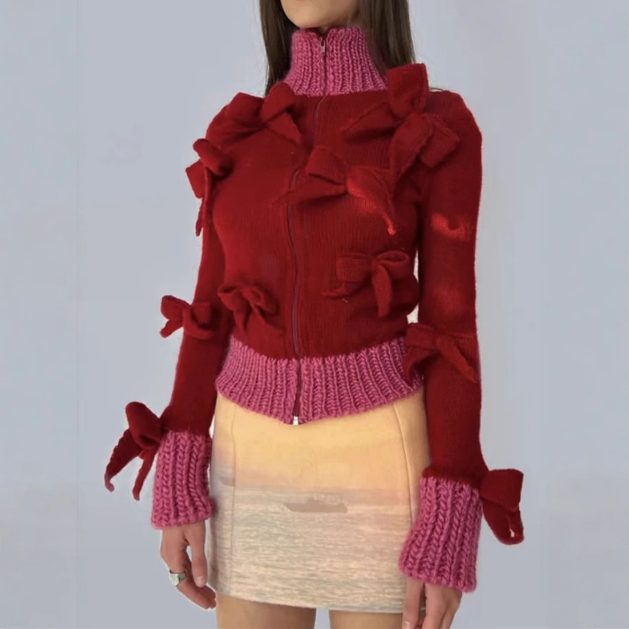 In stock 2025 European and American fashion hot selling women's long sleeved butterfly knot zipper autumn and winter warm cardigan high neck jacket