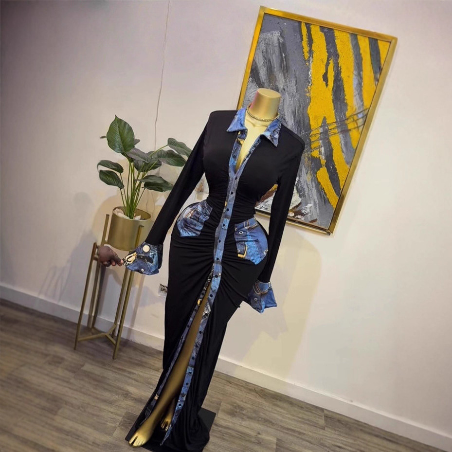 Spot 2025 autumn cross-border European and American snow imitation denim print pleated long skirt with feminine temperament long sleeved lapel dress Spot 2025 autumn cross-border European and American snow imitation denim print pleated long skirt with feminine temperament long sleeved lapel dress