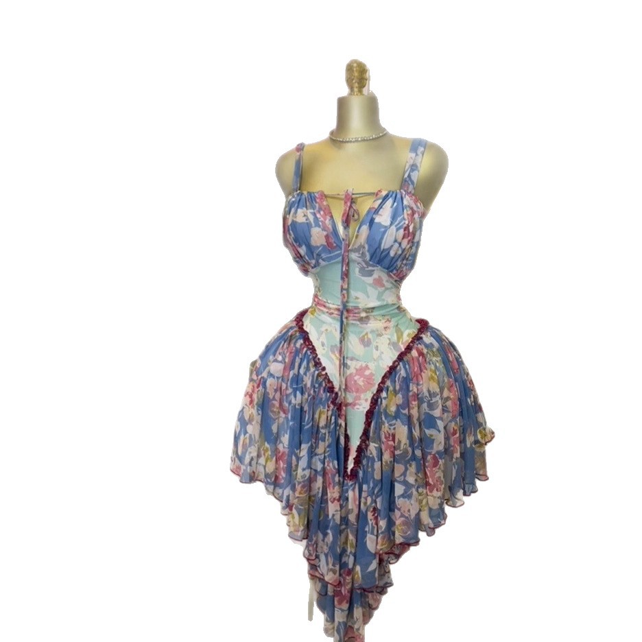 Spot 2025 autumn women's cross-border European and American suspender printed sleeveless pleated waist slimming dress Spot 2025 autumn women's cross-border European and American suspender printed sleeveless pleated waist slimming dress