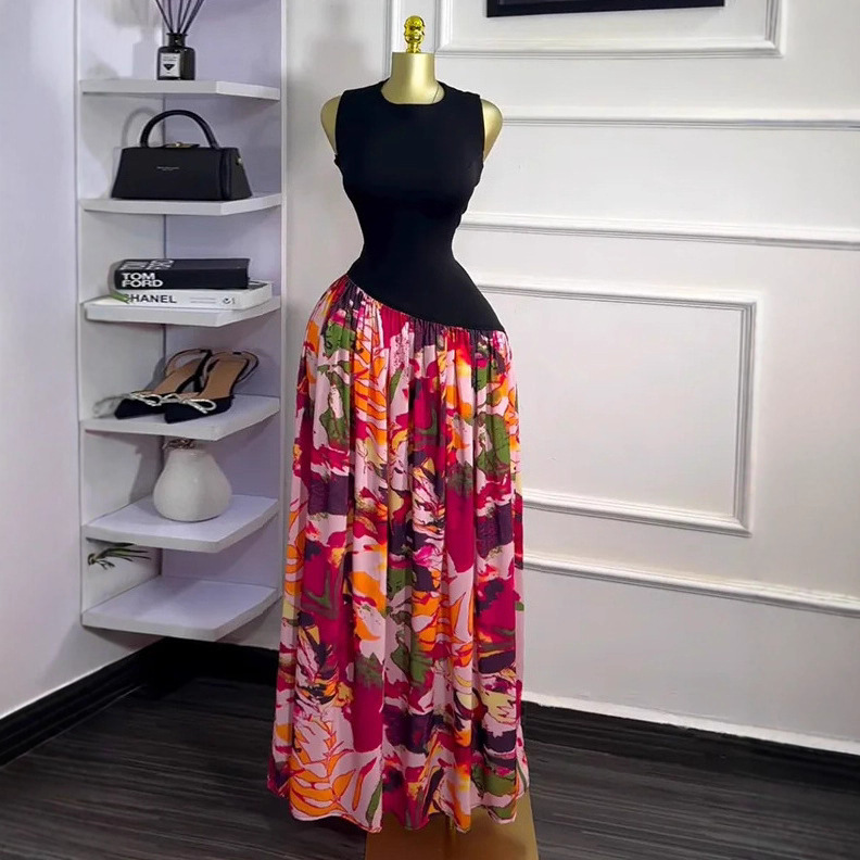 Spot 2025 European and American Cross border Summer Printed Sleeveless Bohemian Long Dress with Strap Sweet Dress