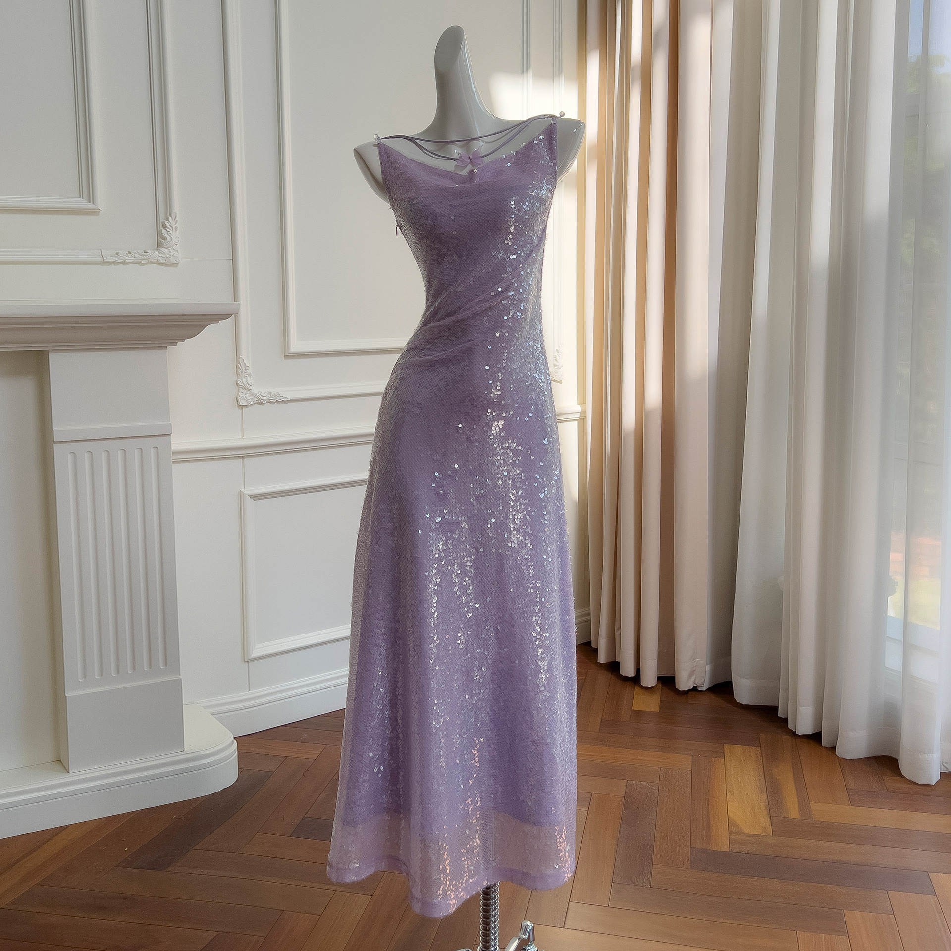 Fashionable temperament, two in one purple sequin dress, evening gown, mesh sleeves, high waisted slim fit long gown 68528 Fashionable temperament, two in one purple sequin dress, evening gown, mesh sleeves, high waisted slim fit long gown 68528