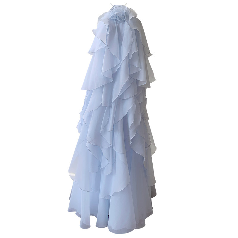 Elegant blue dress with camisole and neck hanging, elegant temperament and socialite. Long cake skirt with ruffled edges. Age reducing dress 69320 Elegant blue dress with camisole and neck hanging, elegant temperament and socialite. Long cake skirt with ruffled edges. Age reducing dress 69320