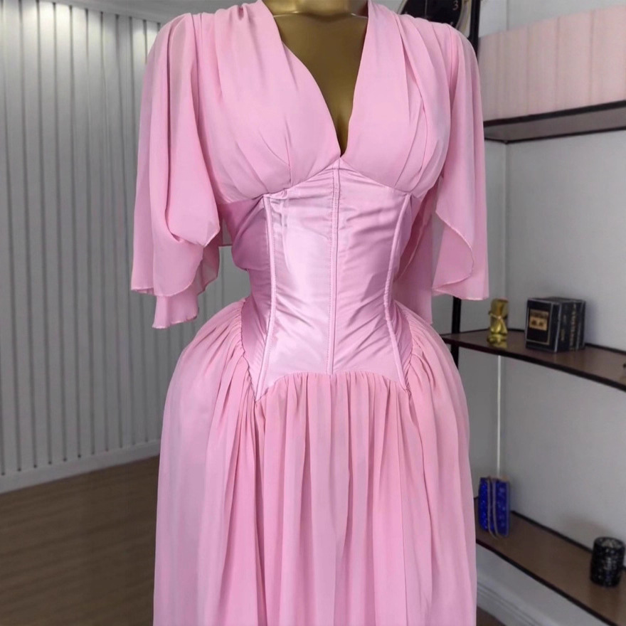 Spot 2025 Cross border European and American Women's Pink Chiffon Dress Summer Short Sleeve Temperament V-neck Waist Dress Long Dress Spot 2025 Cross border European and American Women's Pink Chiffon Dress Summer Short Sleeve Temperament V-neck Waist Dress Long Dress