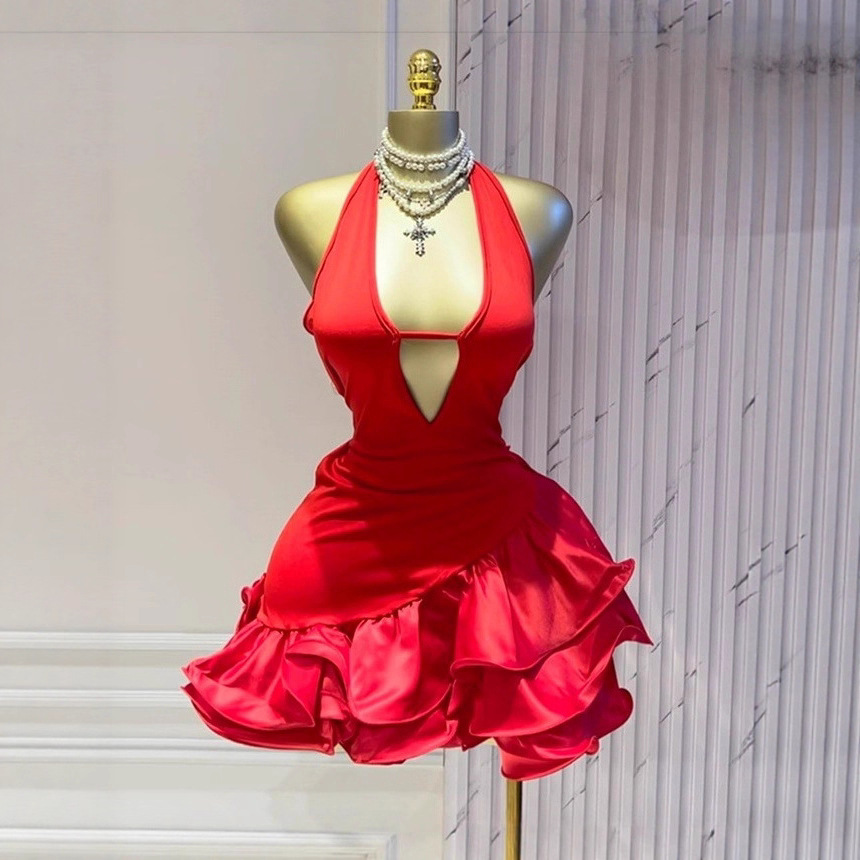 Spot European and American women's clothing 2025 summer sweet and fresh deep V-neck hanging neck sleeveless ruffle edge dress with exposed back