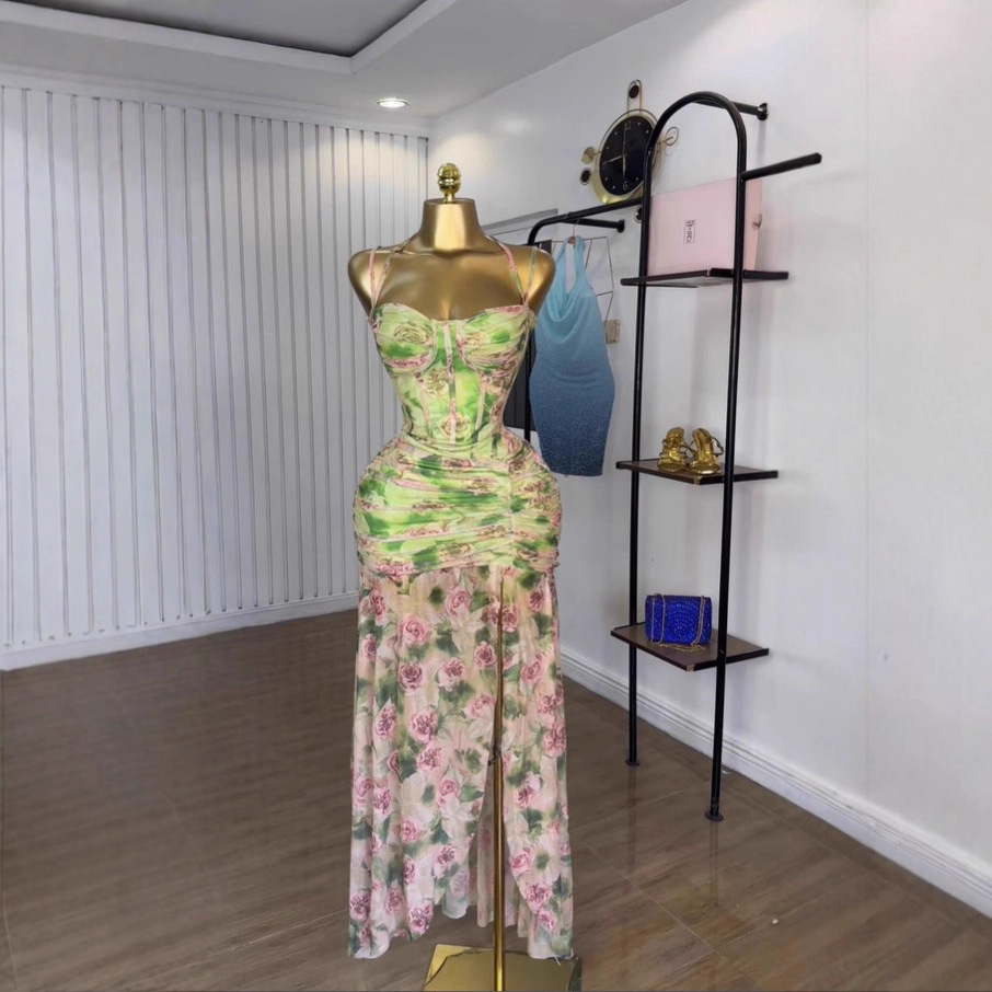 Spot 2025 Summer Cross border Women's Wear with European and American Strapless, Sleeveless Printed, Slimming, Folding, and Irregular Split Dresses