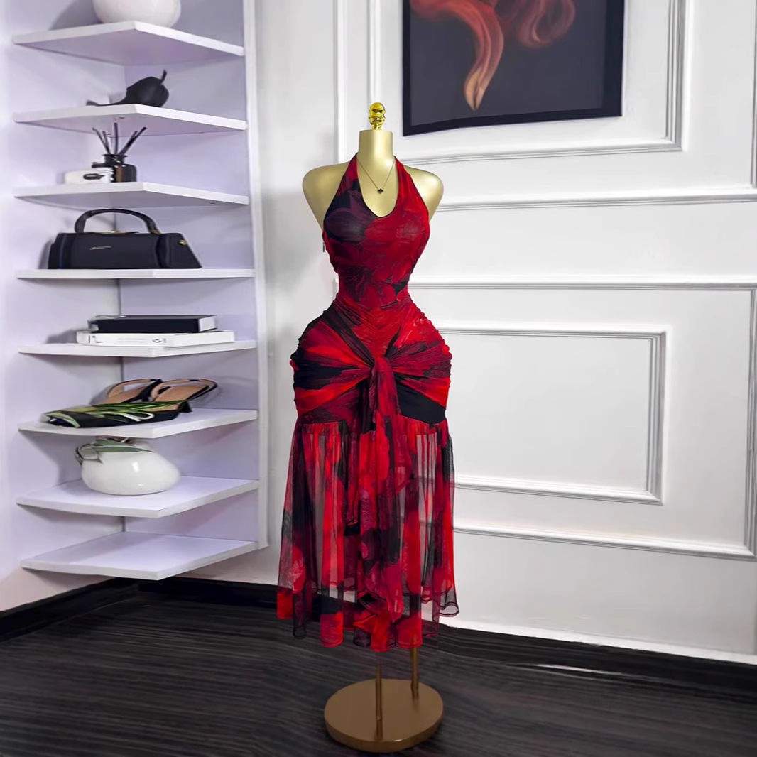 Spot 2025 Cross border European and American Summer Hanging Neck Dress Women's Bag Hip Sexy temperament Printed Open Back Long Dress