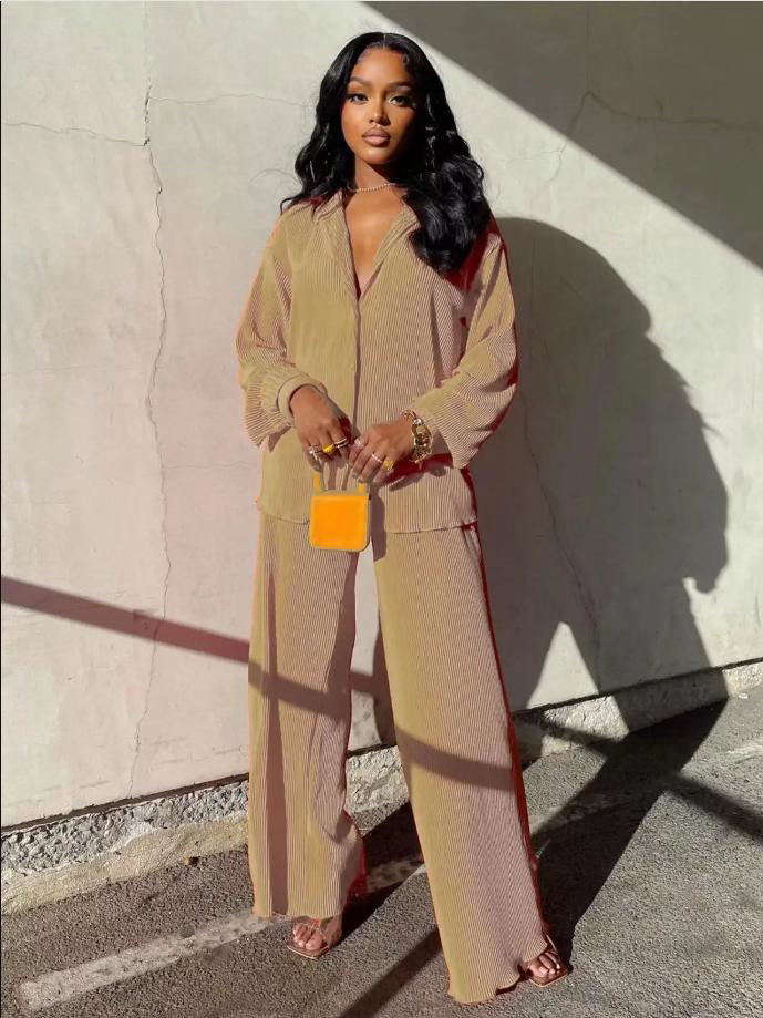 Spot 2025 Amazon Europe and America Cross border Women's Solid Color Loose Casual Two Piece Set with Hundred Fold Fashion Wide Leg Pants Spot 2025 Amazon Europe and America Cross border Women's Solid Color Loose Casual Two Piece Set with Hundred Fold Fashion Wide Leg Pants