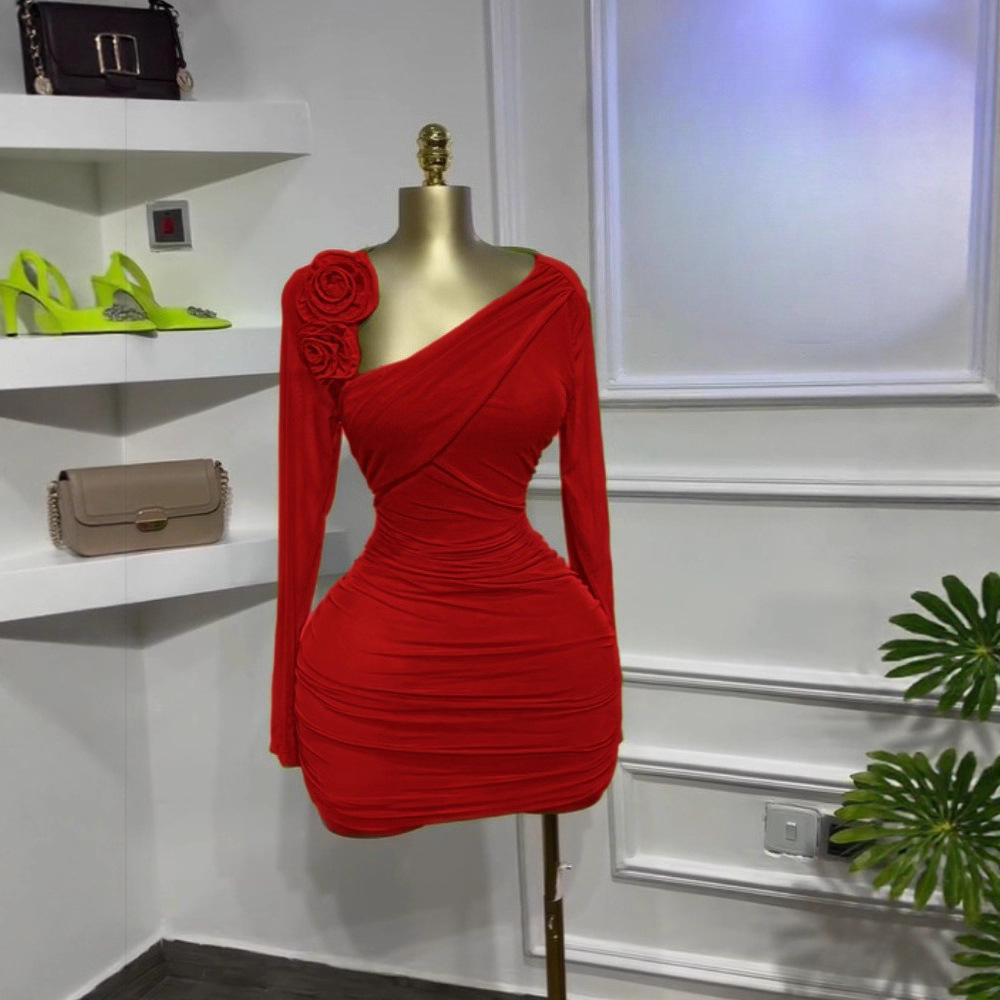 Spot 2025 European and American Cross border Women's Slant Collar Three Dimensional Flower Short Skirt Long Sleeve Wrinkle Show Thin Temperament Dress Spot 2025 European and American Cross border Women's Slant Collar Three Dimensional Flower Short Skirt Long Sleeve Wrinkle Show Thin Temperament Dress