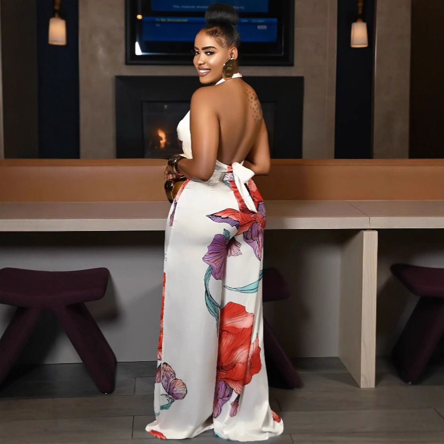 Spot 2025 Cross border European and American Style Commuter Hanging Neck, Bareback Printed Sleeveless White Top, Wide Leg Pants 2-piece Set Spot 2025 Cross border European and American Style Commuter Hanging Neck, Bareback Printed Sleeveless White Top, Wide Leg Pants 2-piece Set