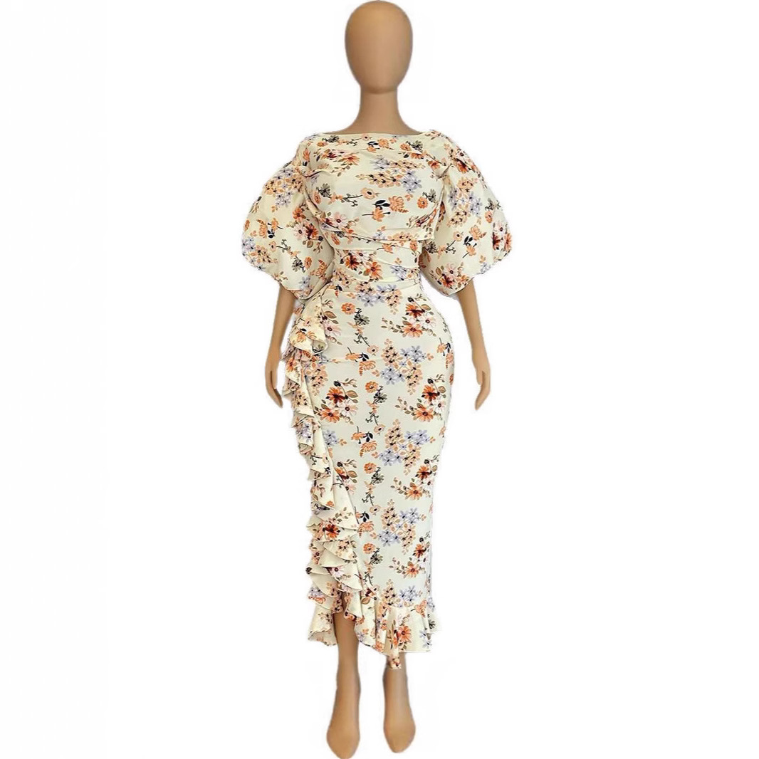 Spot European and American women's clothing 2025 summer palace style lotus leaf edge sweet and fresh printed bubble sleeves high waisted dress Spot European and American women's clothing 2025 summer palace style lotus leaf edge sweet and fresh printed bubble sleeves high waisted dress