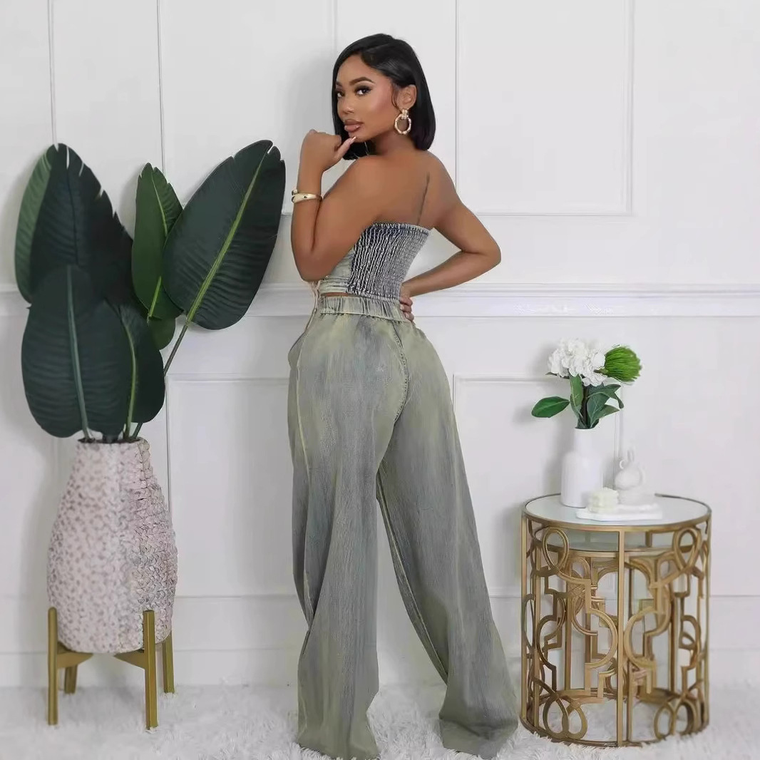 Spot European and American Amazon cross-border strapless vest+straight leg wide leg pants distressed washed denim suit 2-piece set Spot European and American Amazon cross-border strapless vest+straight leg wide leg pants distressed washed denim suit 2-piece set