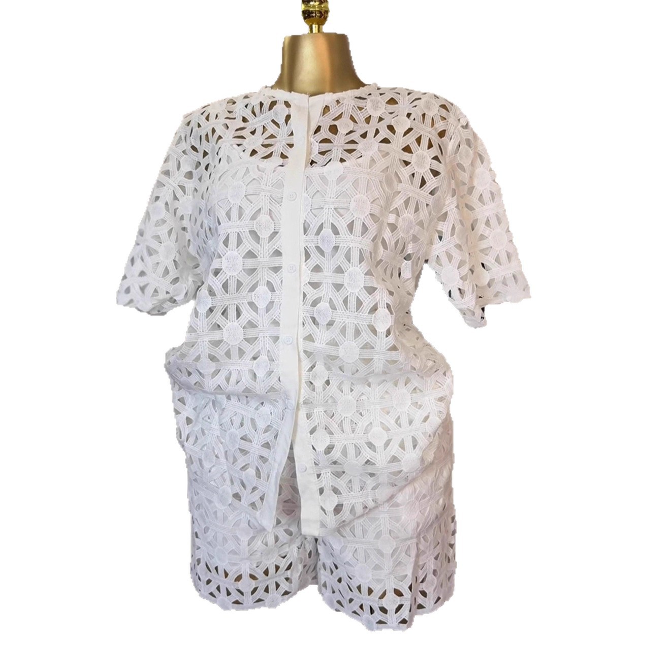 Spot 2025 European and American Cross border Women's Fashion Round Neck Hollow Short Sleeve Shirt Wide Leg Shorts Casual 2-piece Set Spot 2025 European and American Cross border Women's Fashion Round Neck Hollow Short Sleeve Shirt Wide Leg Shorts Casual 2-piece Set