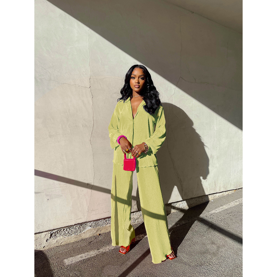 Spot 2025 Amazon Europe and America Cross border Women's Solid Color Loose Casual Two Piece Set with Hundred Fold Fashion Wide Leg Pants Spot 2025 Amazon Europe and America Cross border Women's Solid Color Loose Casual Two Piece Set with Hundred Fold Fashion Wide Leg Pants