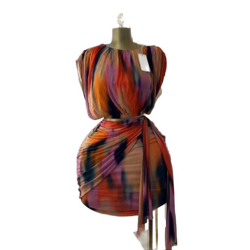 In stock 2025 summer European and American round neck high-end sleeveless pleated tie dye printed top+short skirt 2-piece set In stock 2025 summer European and American round neck high-end sleeveless pleated tie dye printed top+short skirt 2-piece set