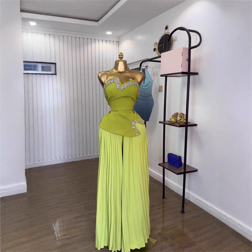 Spot 2025 European and American cross-border women's summer strapless nail drill irregular top, pleated wide leg pants 2-piece set Spot 2025 European and American cross-border women's summer strapless nail drill irregular top, pleated wide leg pants 2-piece set