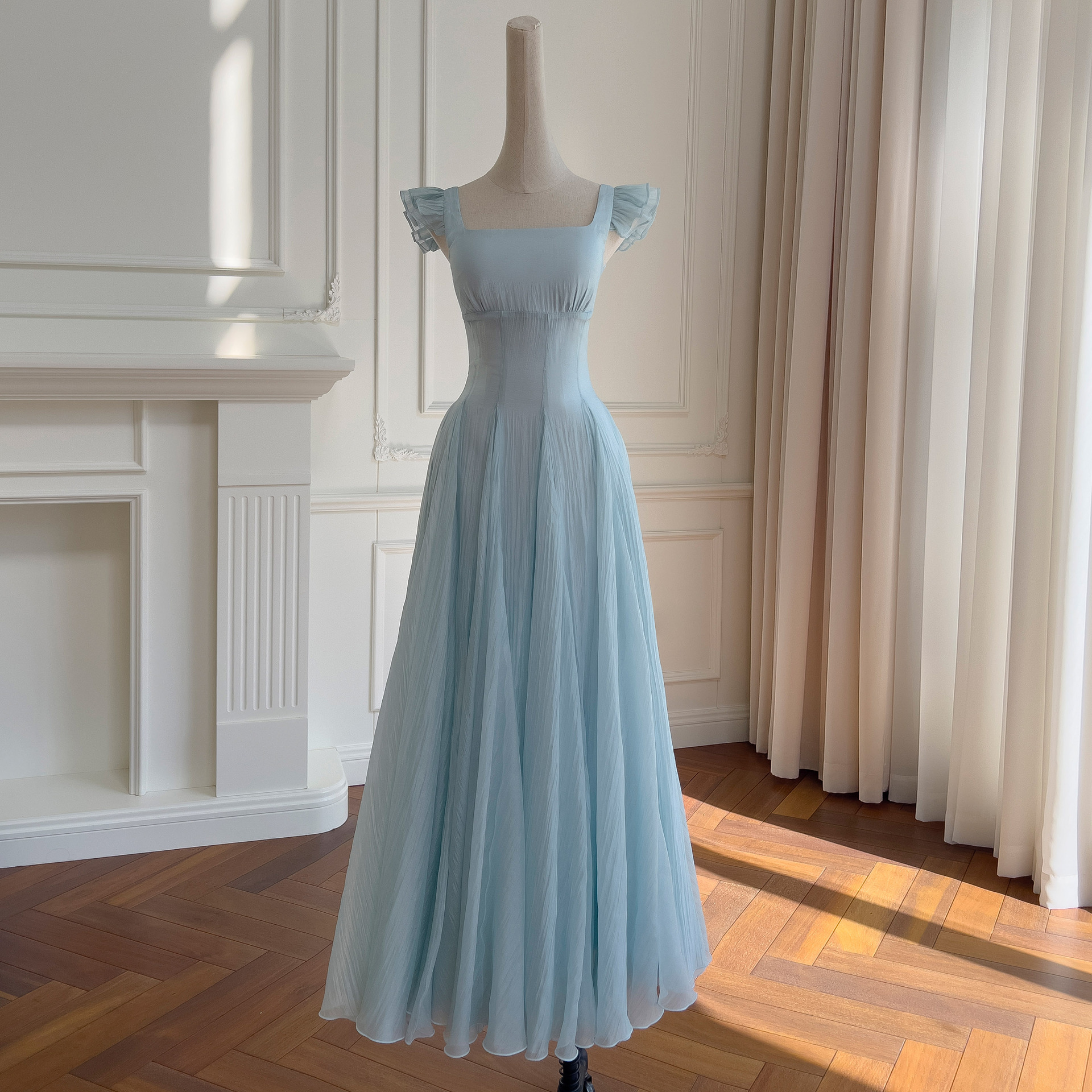 French style small fly sleeve dress for women, summer blue seaside vacation feeling, waist cinching A-line temperament long skirt, children 69155 French style small fly sleeve dress for women, summer blue seaside vacation feeling, waist cinching A-line temperament long skirt, children 69155