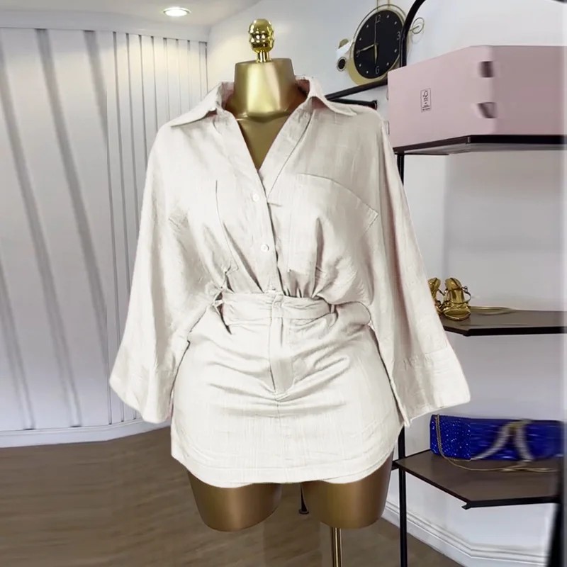 Spot 2025 Summer Cross border European and American Women's Wear Collar Bat Long Sleeve Shirt High Waist Shorts Skirt Two Piece Set Spot 2025 Summer Cross border European and American Women's Wear Collar Bat Long Sleeve Shirt High Waist Shorts Skirt Two Piece Set