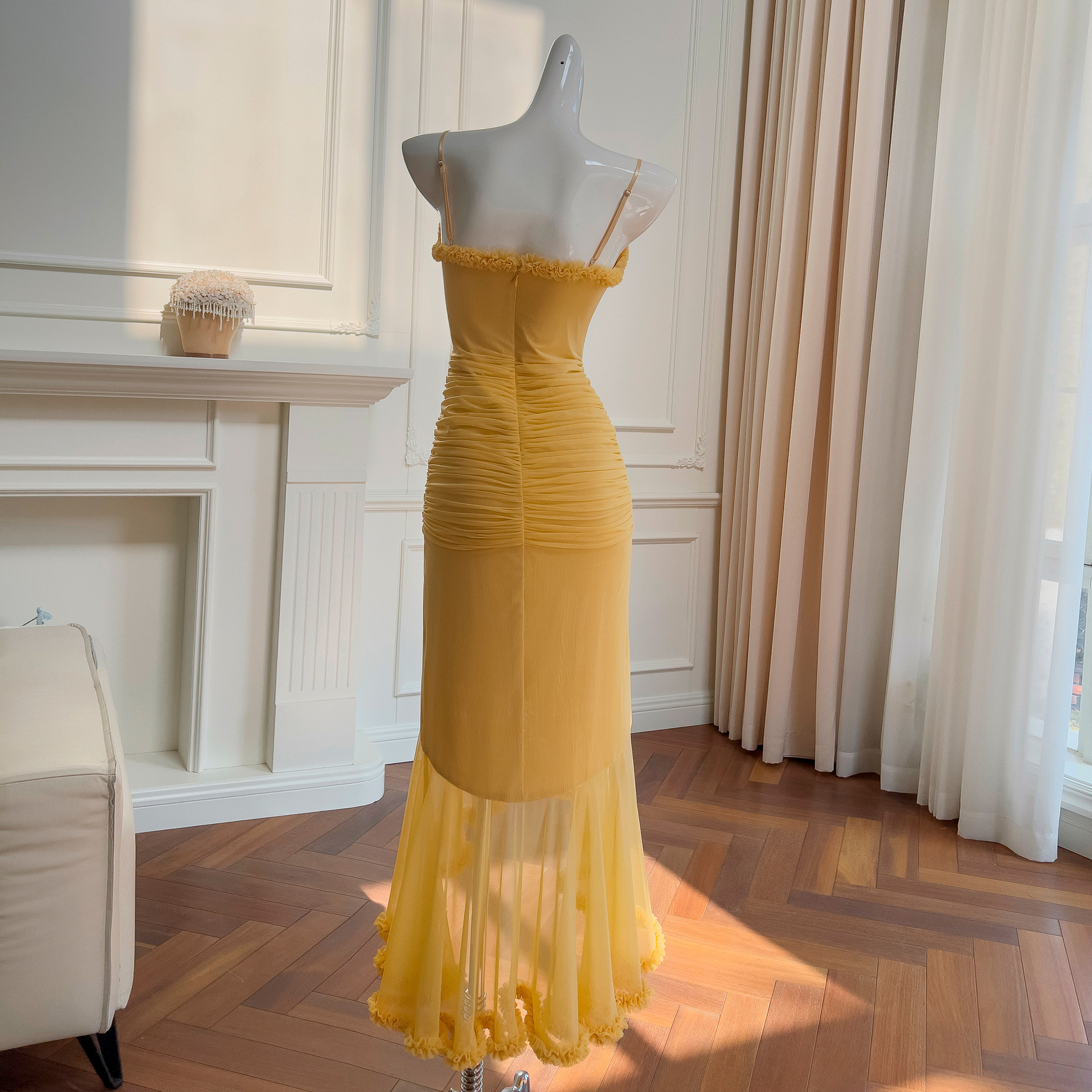 French socialite style dress with elastic mesh, irregular fishtail skirt, slim fit suspender long skirt, formal dress 68893 French socialite style dress with elastic mesh, irregular fishtail skirt, slim fit suspender long skirt, formal dress 68893