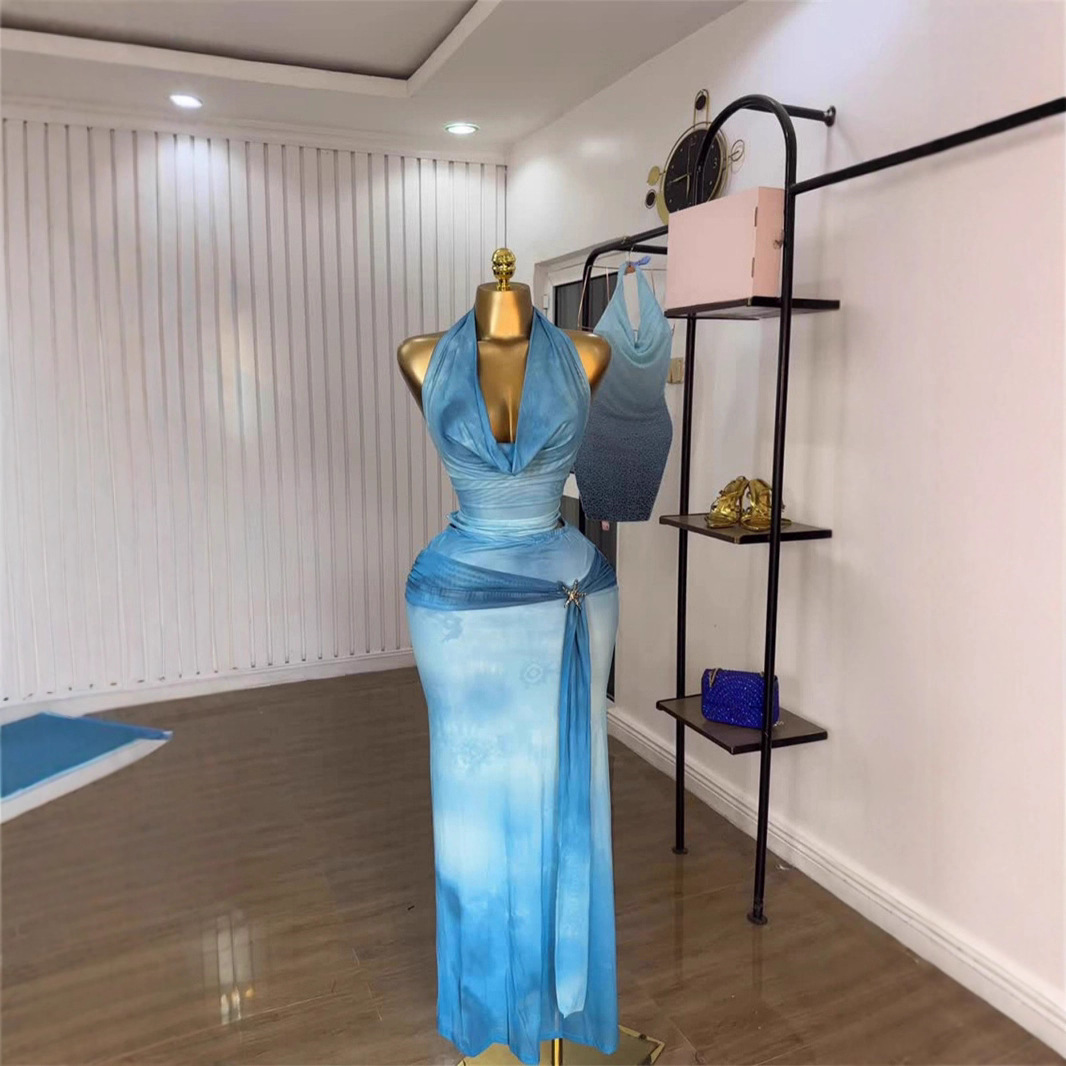 Spot cross-border 2025 summer European and American sexy hanging neck collar backless vest tie dye printed skirt 2-piece set Spot cross-border 2025 summer European and American sexy hanging neck collar backless vest tie dye printed skirt 2-piece set