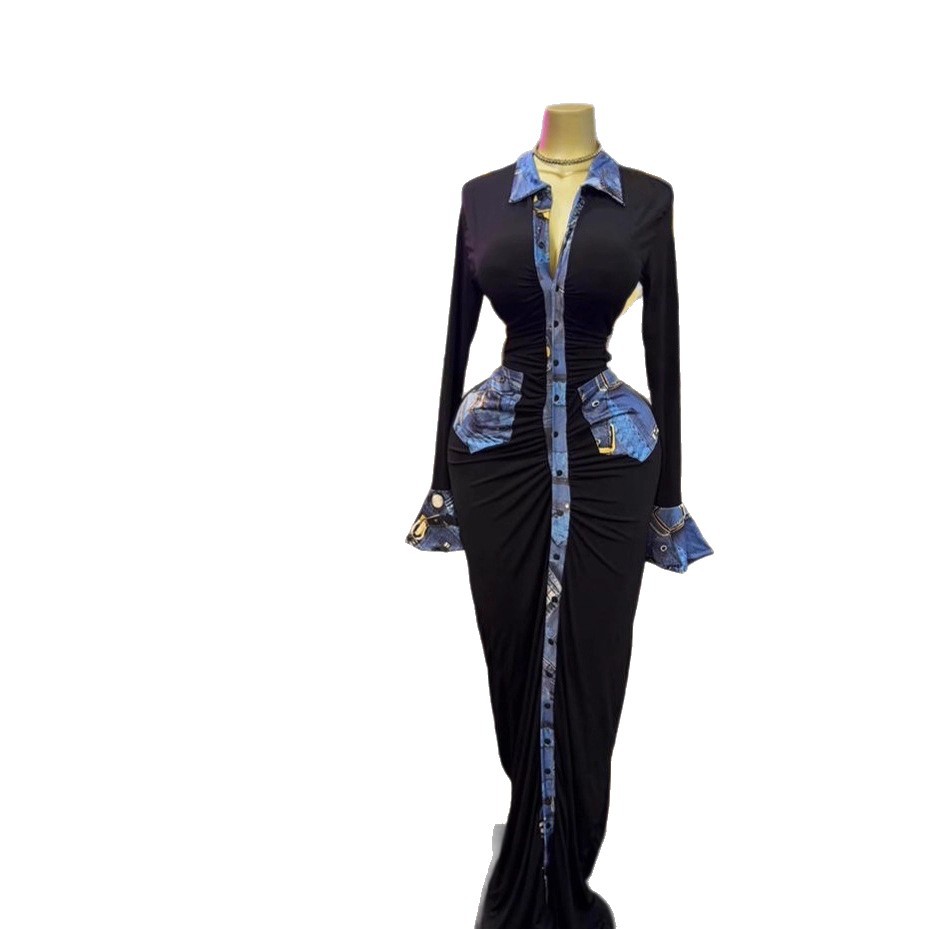 Spot 2025 autumn cross-border European and American snow imitation denim print pleated long skirt with feminine temperament long sleeved lapel dress Spot 2025 autumn cross-border European and American snow imitation denim print pleated long skirt with feminine temperament long sleeved lapel dress