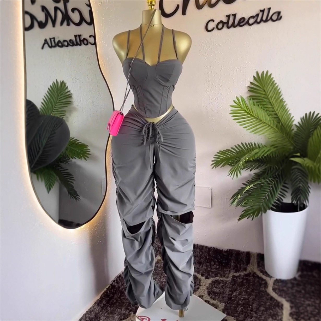 Spot 2025 vintage work pants women's high waisted straight leg pleated pants slimming camisole top sleeveless 2-piece set