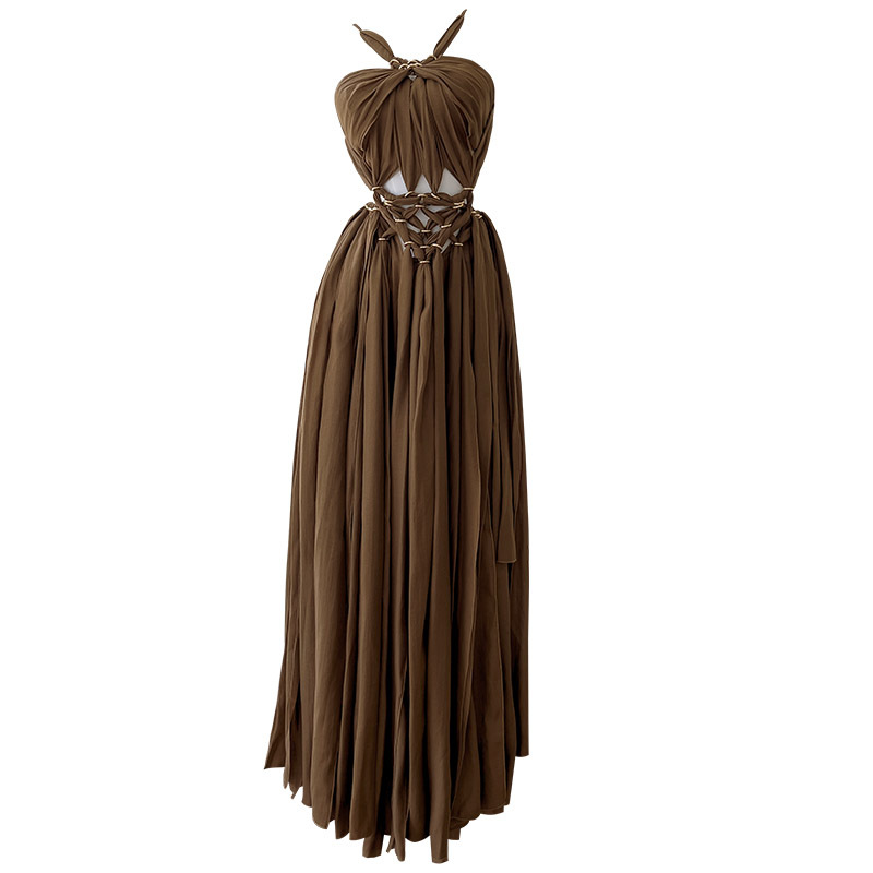 2025 Summer New Product Caramel Hanging Neck strapless Strap Waist Long Dress for Women 68752 2025 Summer New Product Caramel Hanging Neck strapless Strap Waist Long Dress for Women 68752