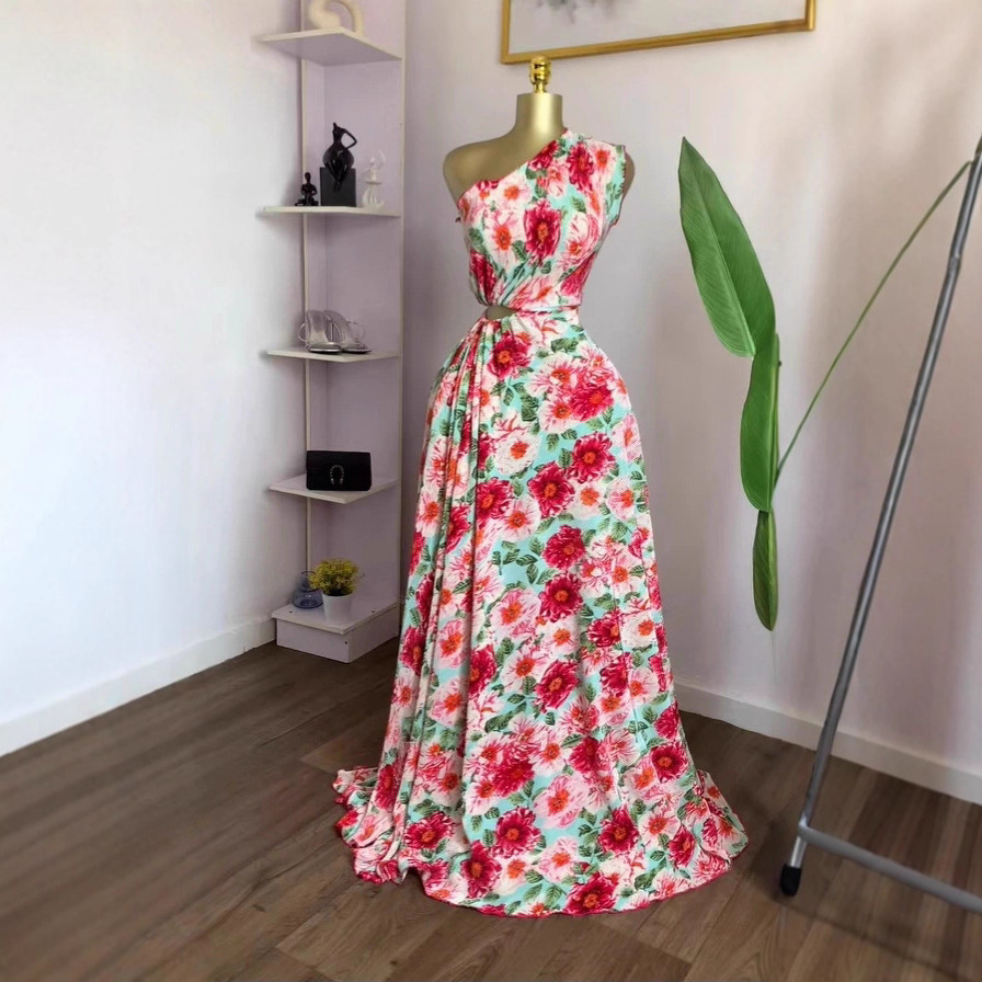 Spot 2025 Cross border European and American Women's Wear Bohemian Slant Neck, Bareback, Waist cinching, slimming A-line Printed Dress Long