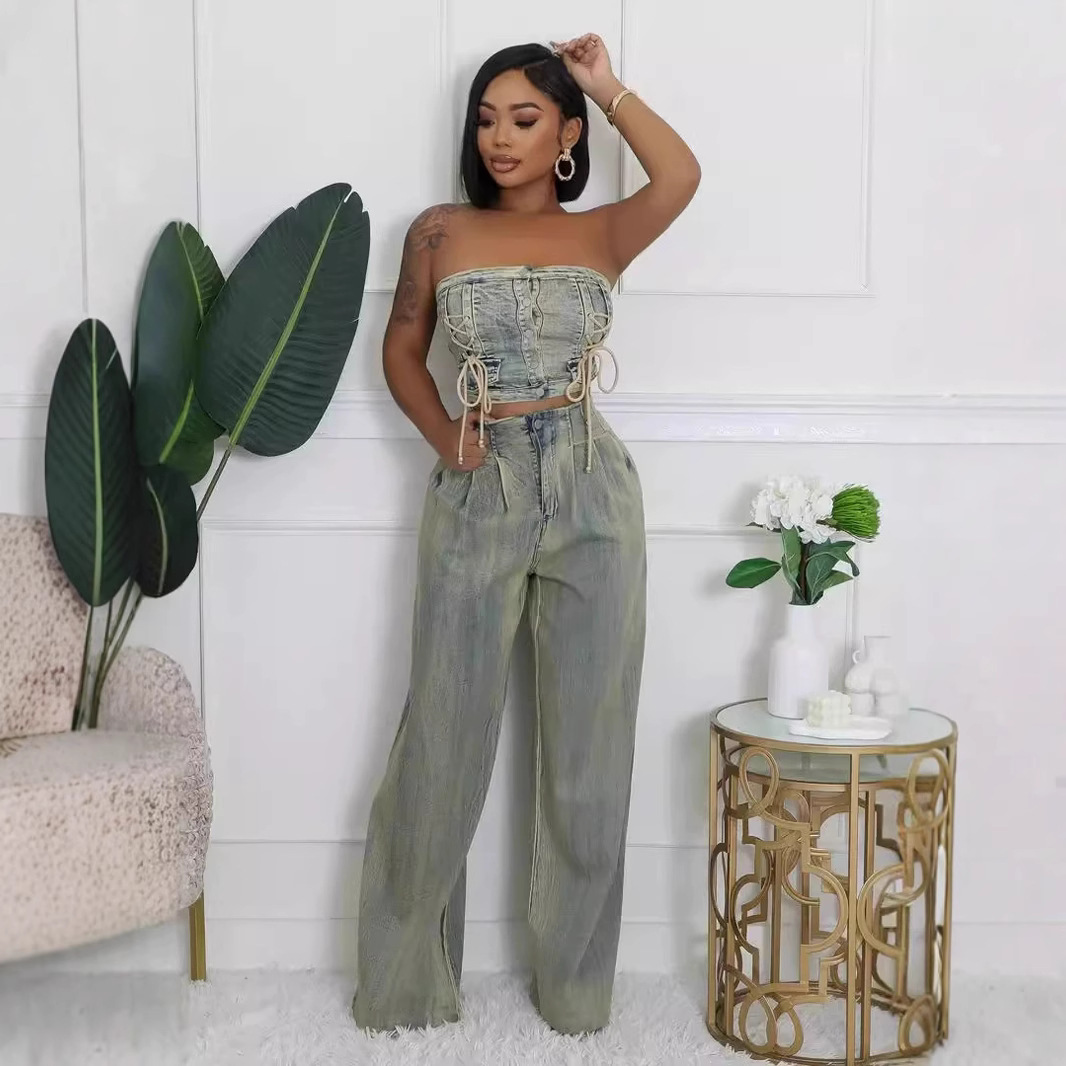 Spot European and American Amazon cross-border strapless vest+straight leg wide leg pants distressed washed denim suit 2-piece set