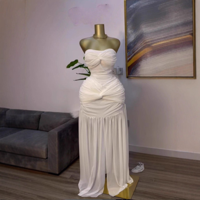 In stock 2025 cross-border European and American women's clothing new style strapless sleeveless pleated mesh dress slim fit temperament long skirt