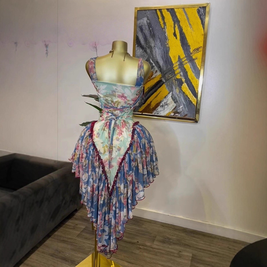 Spot 2025 autumn women's cross-border European and American suspender printed sleeveless pleated waist slimming dress Spot 2025 autumn women's cross-border European and American suspender printed sleeveless pleated waist slimming dress