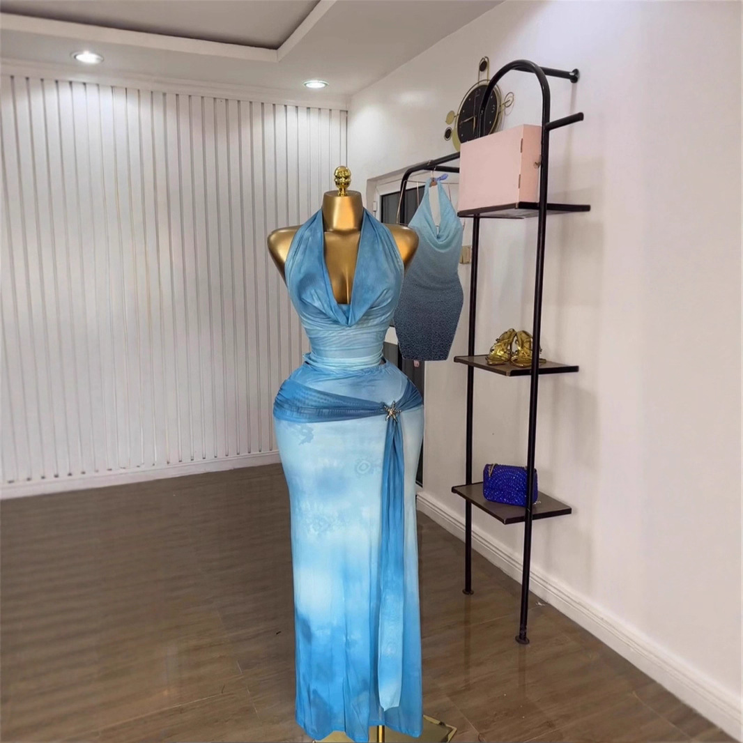 Spot cross-border 2025 summer European and American sexy hanging neck collar backless vest tie dye printed skirt 2-piece set Spot cross-border 2025 summer European and American sexy hanging neck collar backless vest tie dye printed skirt 2-piece set