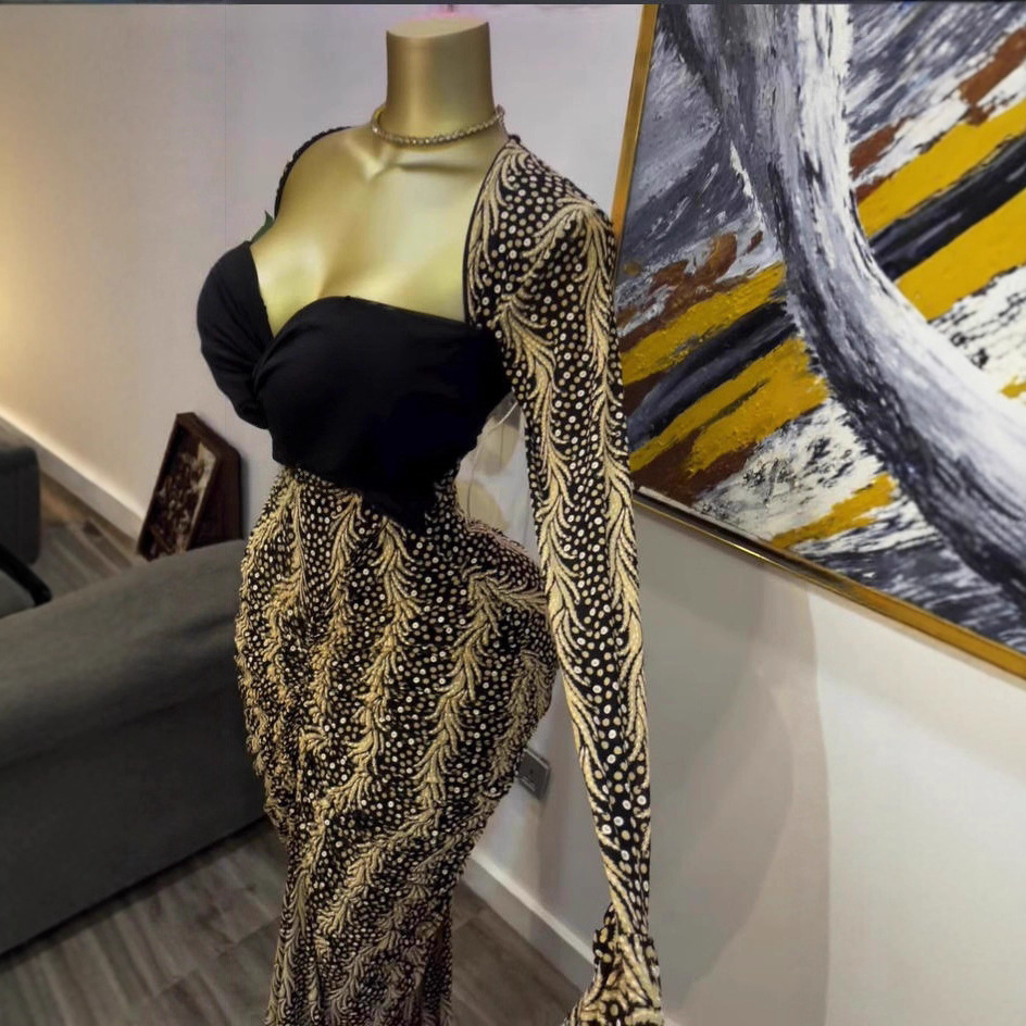 Spot 2025 European and American women's cross-border strapless long sleeved printed long skirt pleated fish tail party dress Spot 2025 European and American women's cross-border strapless long sleeved printed long skirt pleated fish tail party dress