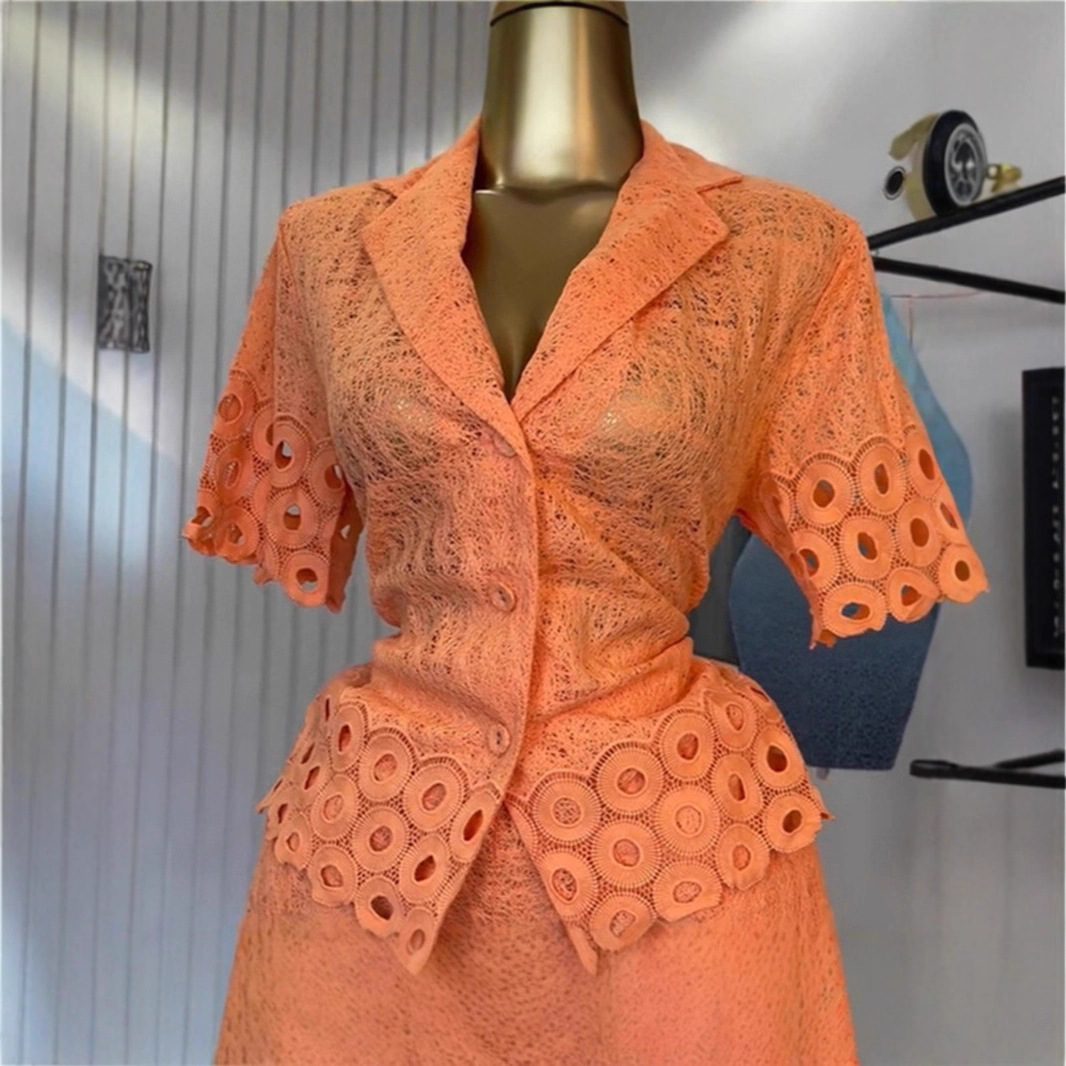 Spot 2025 European and American Cross border Women's Summer Hook Flower Embroidered Hollow Short Sleeve Shirt+Shorts Casual 2-piece Set Spot 2025 European and American Cross border Women's Summer Hook Flower Embroidered Hollow Short Sleeve Shirt+Shorts Casual 2-piece Set