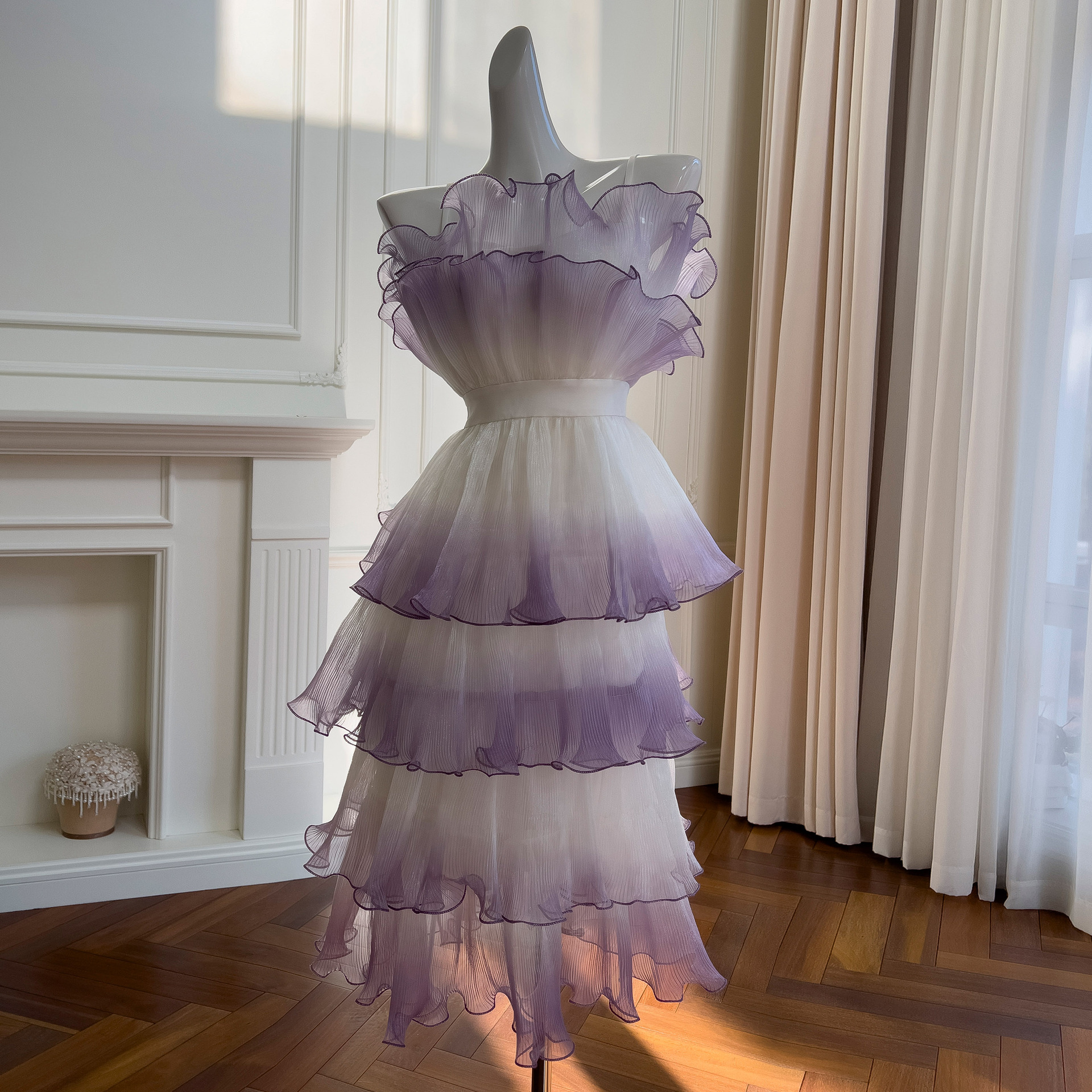 Temperament, socialite style, strapless strapless gradient purple dress, long cut waist slimming cake dress, dress 68571