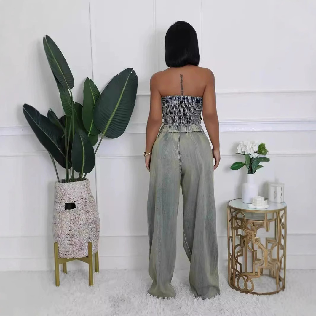 Spot European and American Amazon cross-border strapless vest+straight leg wide leg pants distressed washed denim suit 2-piece set Spot European and American Amazon cross-border strapless vest+straight leg wide leg pants distressed washed denim suit 2-piece set
