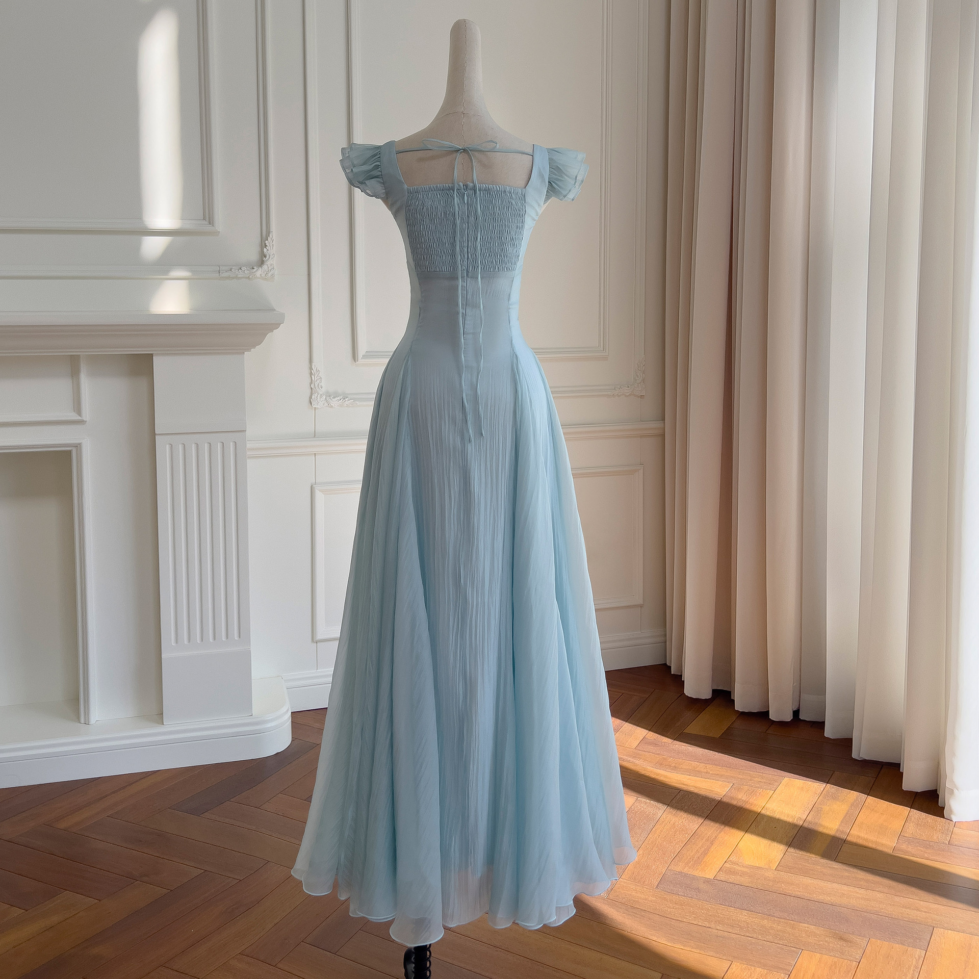 French style small fly sleeve dress for women, summer blue seaside vacation feeling, waist cinching A-line temperament long skirt, children 69155 French style small fly sleeve dress for women, summer blue seaside vacation feeling, waist cinching A-line temperament long skirt, children 69155