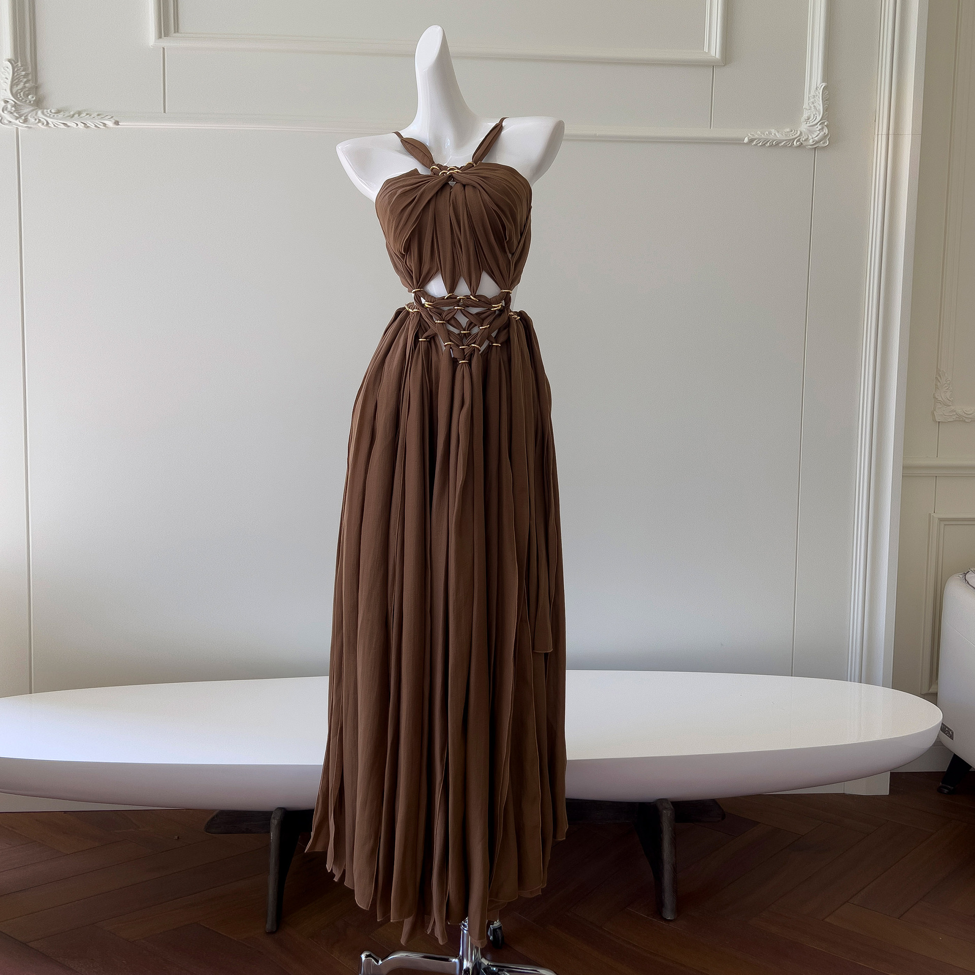 2025 Summer New Product Caramel Hanging Neck strapless Strap Waist Long Dress for Women 68752 2025 Summer New Product Caramel Hanging Neck strapless Strap Waist Long Dress for Women 68752