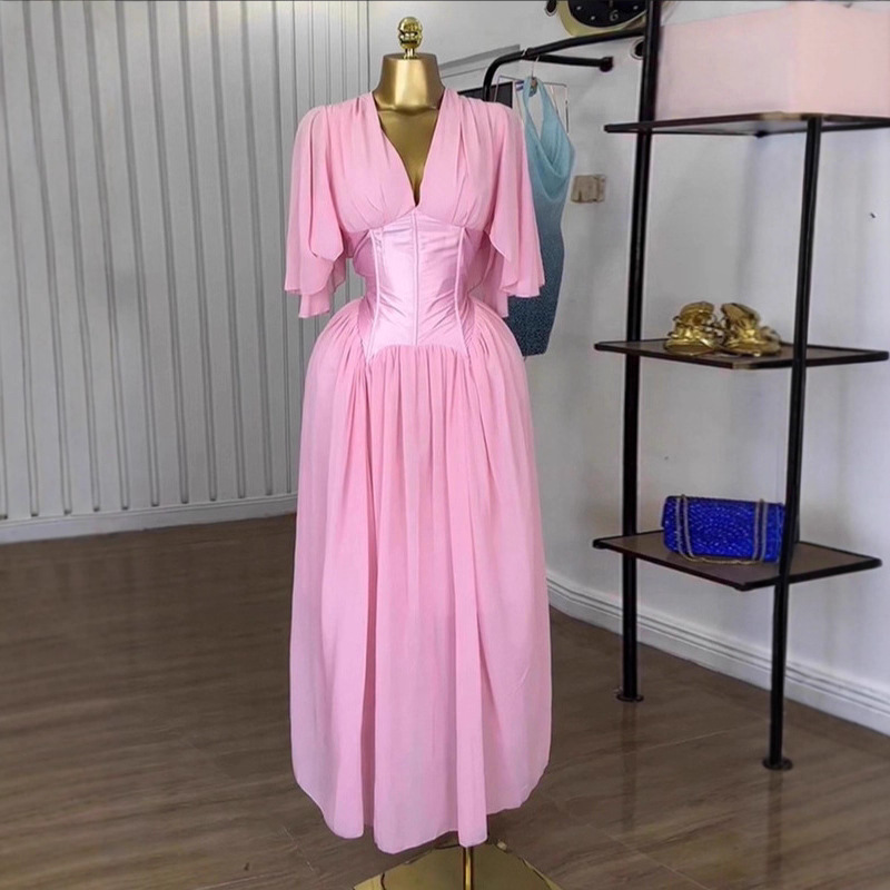 Spot 2025 Cross border European and American Women's Pink Chiffon Dress Summer Short Sleeve Temperament V-neck Waist Dress Long Dress Spot 2025 Cross border European and American Women's Pink Chiffon Dress Summer Short Sleeve Temperament V-neck Waist Dress Long Dress