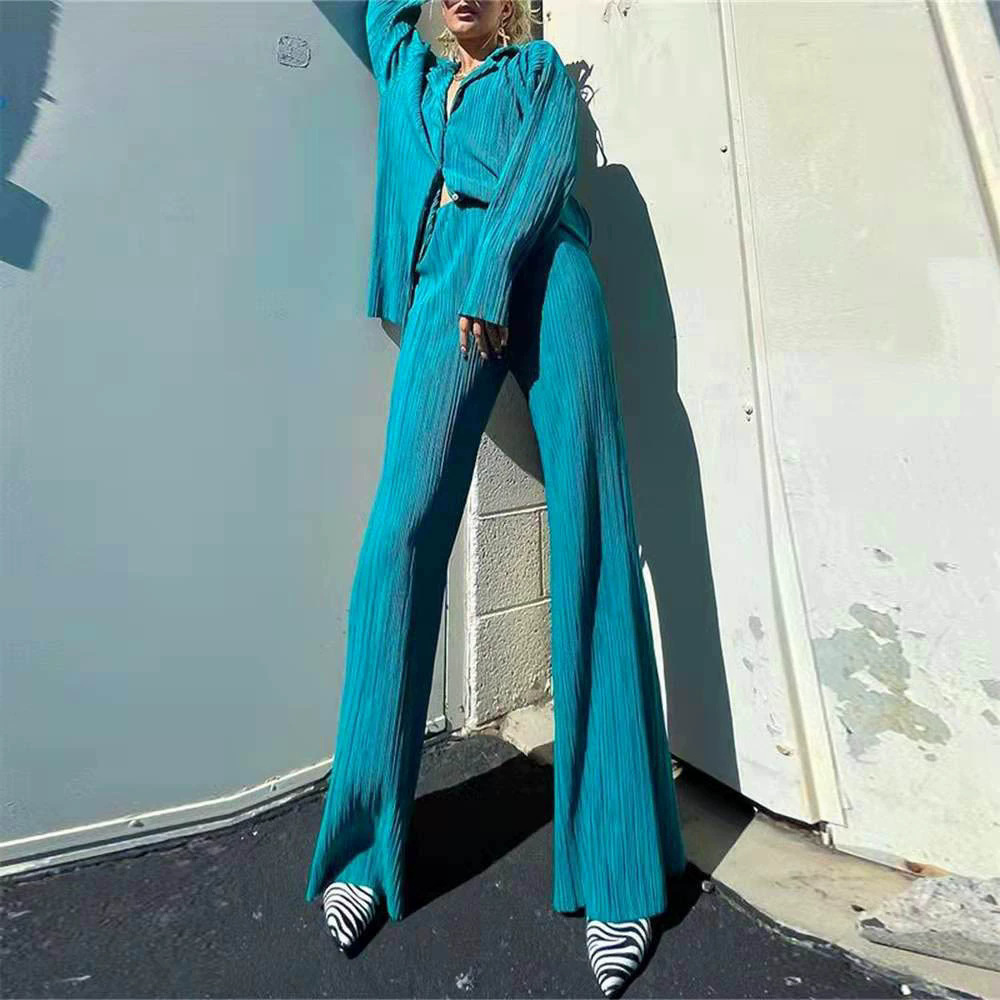 Spot 2025 Amazon Europe and America Cross border Women's Solid Color Loose Casual Two Piece Set with Hundred Fold Fashion Wide Leg Pants Spot 2025 Amazon Europe and America Cross border Women's Solid Color Loose Casual Two Piece Set with Hundred Fold Fashion Wide Leg Pants
