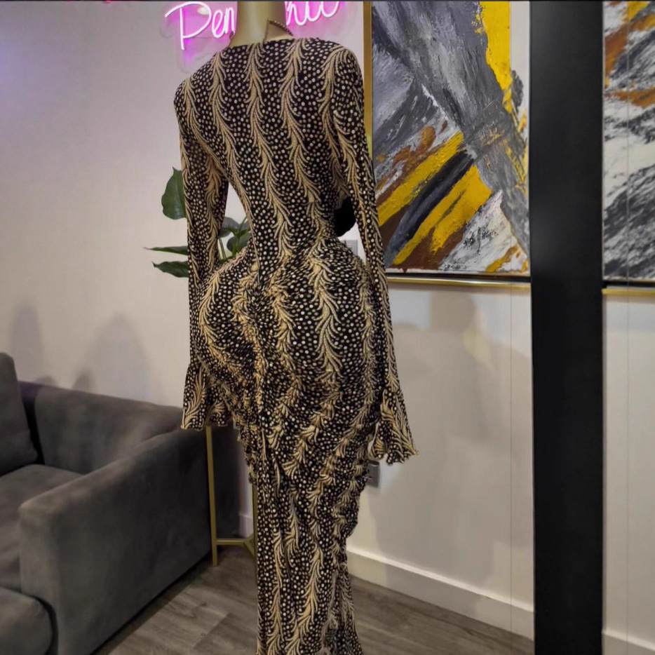 Spot 2025 European and American women's cross-border strapless long sleeved printed long skirt pleated fish tail party dress Spot 2025 European and American women's cross-border strapless long sleeved printed long skirt pleated fish tail party dress