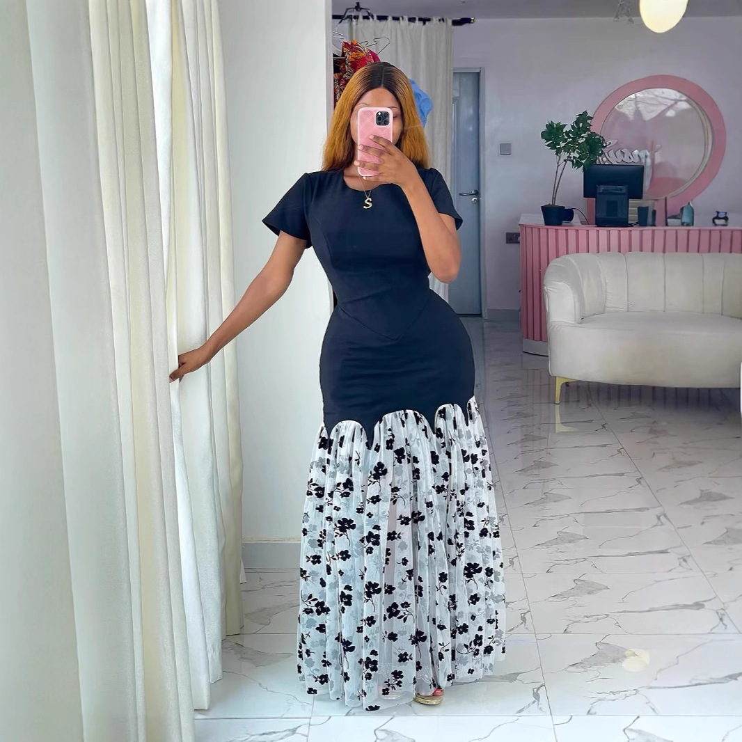 In stock 2025 new dress women's summer round neck mesh floral patchwork French long skirt