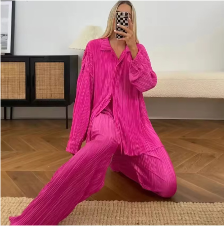 Spot 2025 Amazon Europe and America Cross border Women's Solid Color Loose Casual Two Piece Set with Hundred Fold Fashion Wide Leg Pants Spot 2025 Amazon Europe and America Cross border Women's Solid Color Loose Casual Two Piece Set with Hundred Fold Fashion Wide Leg Pants