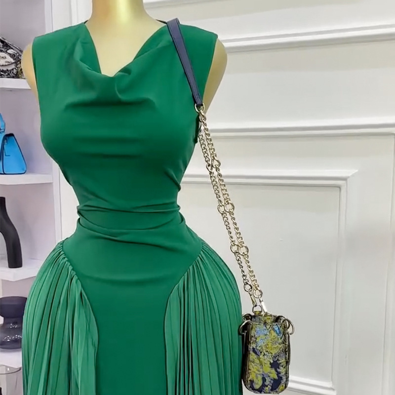 In stock 2025 cross-border European and American sleeveless summer new product temperament splicing pleated elegant slim fit dress long skirt In stock 2025 cross-border European and American sleeveless summer new product temperament splicing pleated elegant slim fit dress long skirt