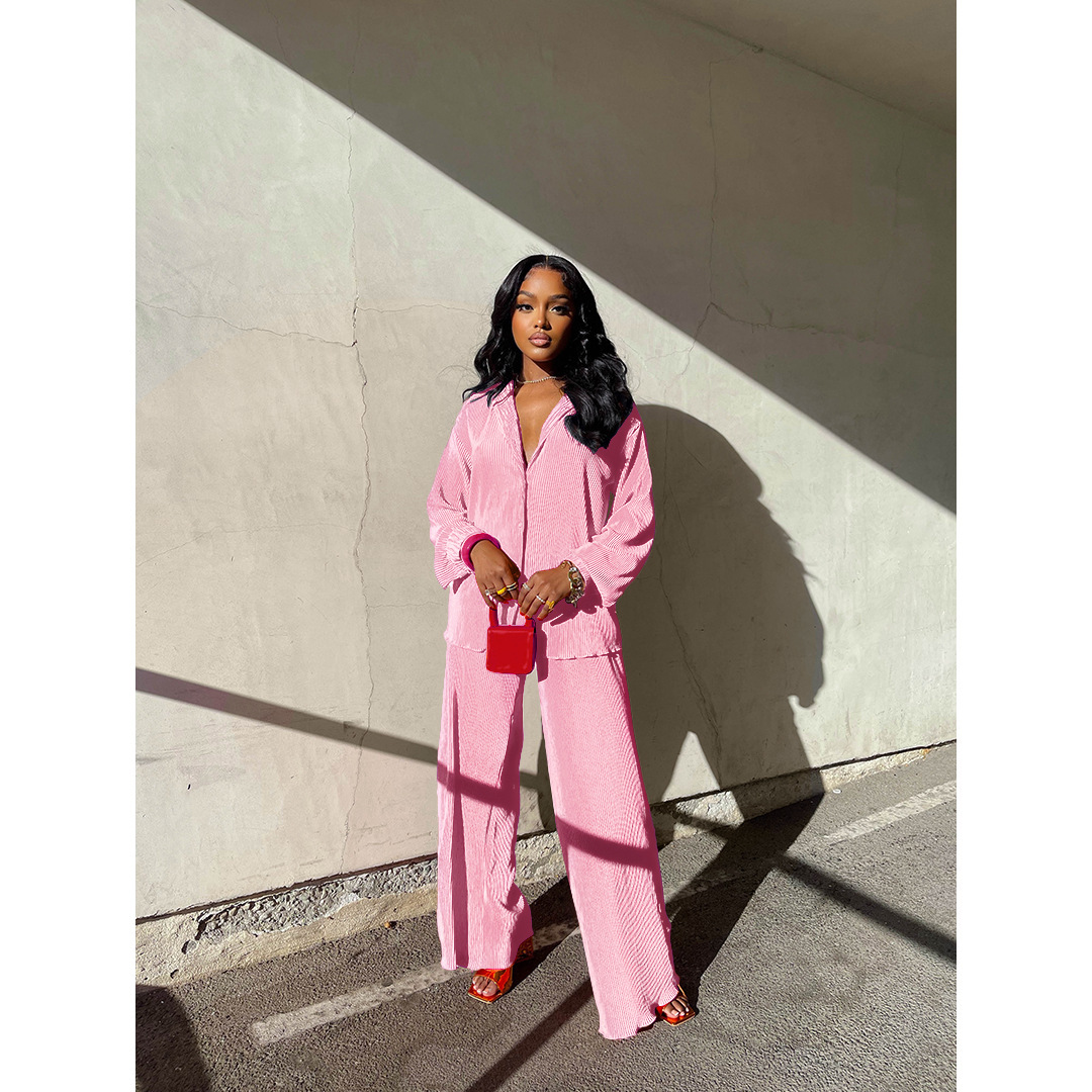 Spot 2025 Amazon Europe and America Cross border Women's Solid Color Loose Casual Two Piece Set with Hundred Fold Fashion Wide Leg Pants Spot 2025 Amazon Europe and America Cross border Women's Solid Color Loose Casual Two Piece Set with Hundred Fold Fashion Wide Leg Pants