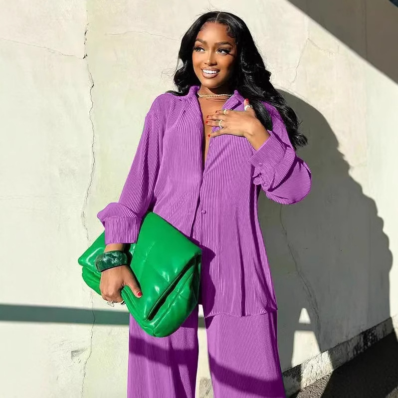 Spot 2025 Amazon Europe and America Cross border Women's Solid Color Loose Casual Two Piece Set with Hundred Fold Fashion Wide Leg Pants Spot 2025 Amazon Europe and America Cross border Women's Solid Color Loose Casual Two Piece Set with Hundred Fold Fashion Wide Leg Pants