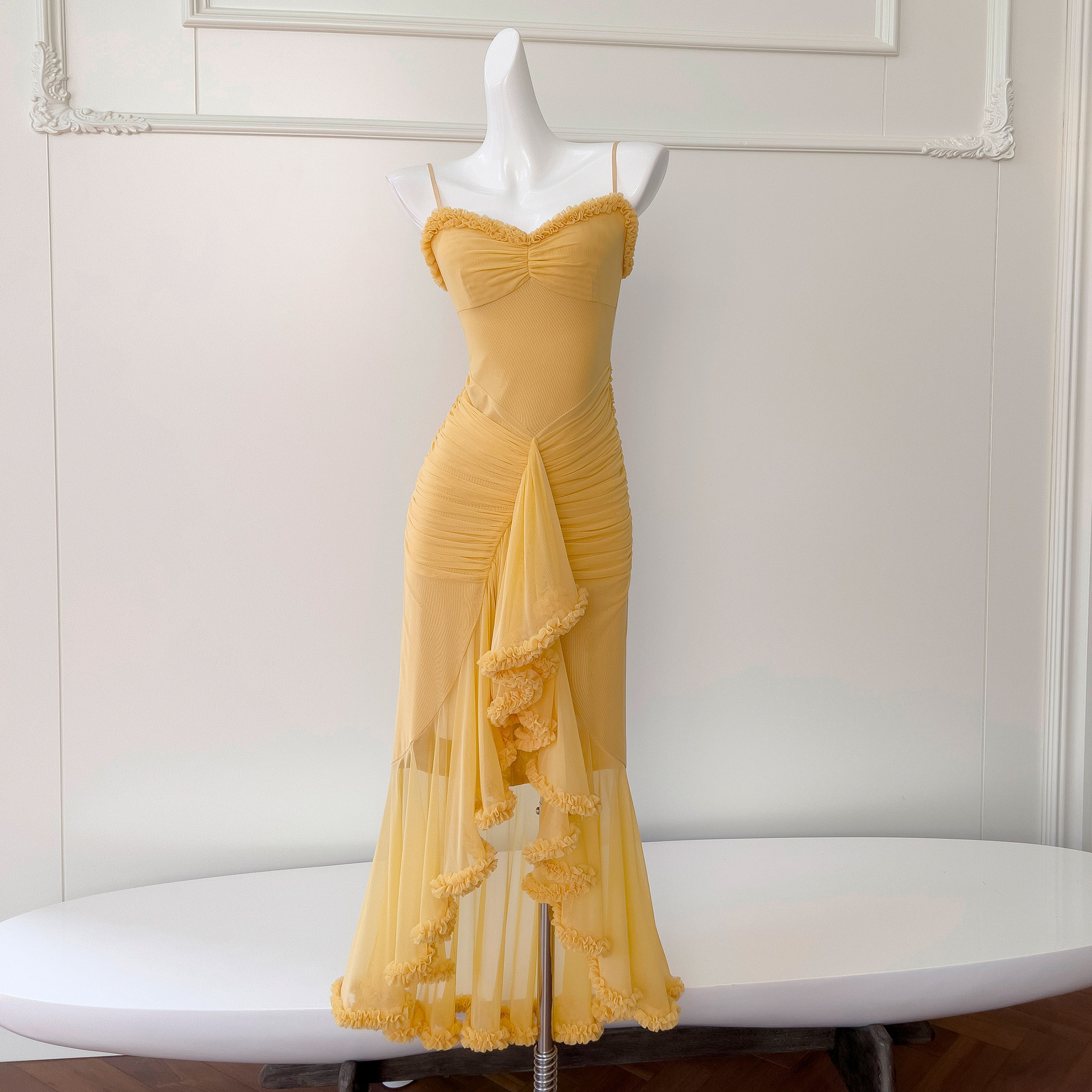 French socialite style dress with elastic mesh, irregular fishtail skirt, slim fit suspender long skirt, formal dress 68893 French socialite style dress with elastic mesh, irregular fishtail skirt, slim fit suspender long skirt, formal dress 68893