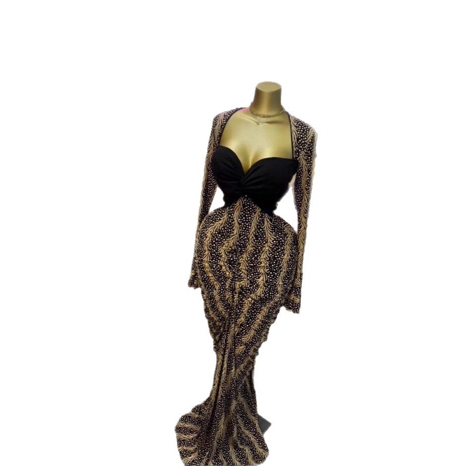 Spot 2025 European and American women's cross-border strapless long sleeved printed long skirt pleated fish tail party dress Spot 2025 European and American women's cross-border strapless long sleeved printed long skirt pleated fish tail party dress