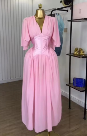 Spot 2025 Cross border European and American Women's Pink Chiffon Dress Summer Short Sleeve Temperament V-neck Waist Dress Long Dress Spot 2025 Cross border European and American Women's Pink Chiffon Dress Summer Short Sleeve Temperament V-neck Waist Dress Long Dress